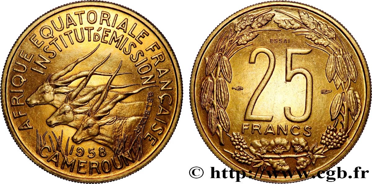 AFRIQUE ÉQUATORIALE FRANÇAISE - CAMEROUN 25 Francs ESSAI 1958 Paris SPL 