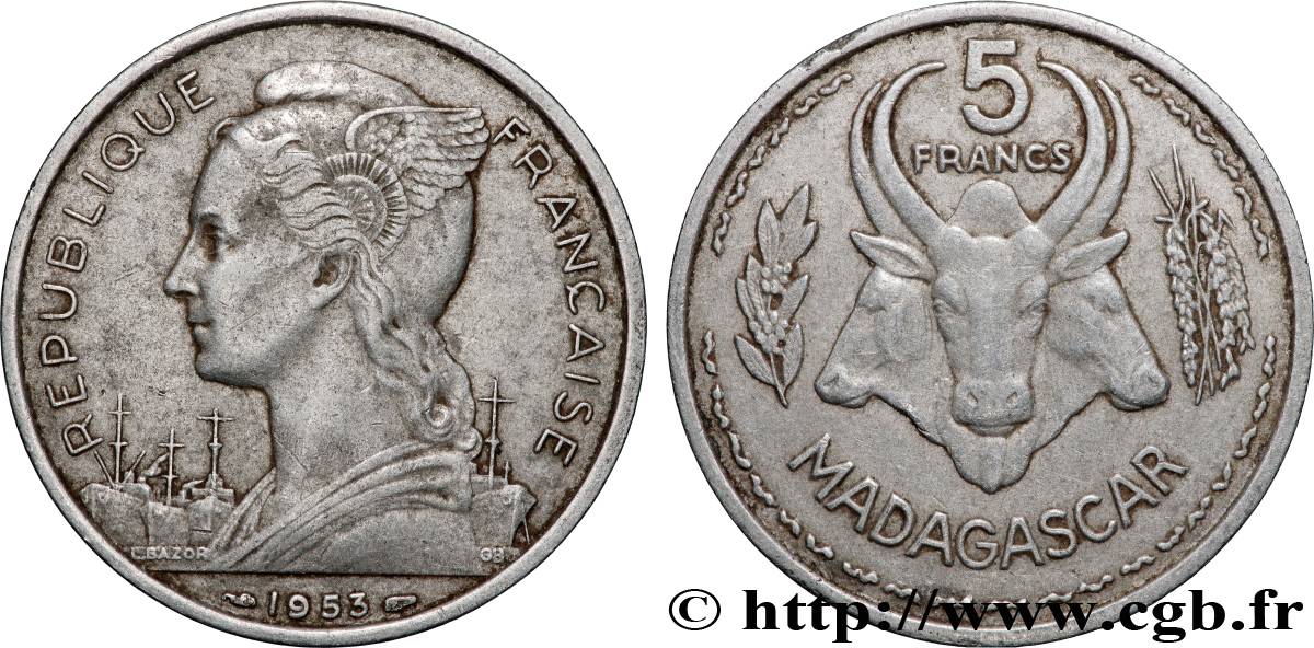 MADAGASCAR French Union 5 Francs 1953 Paris XF 