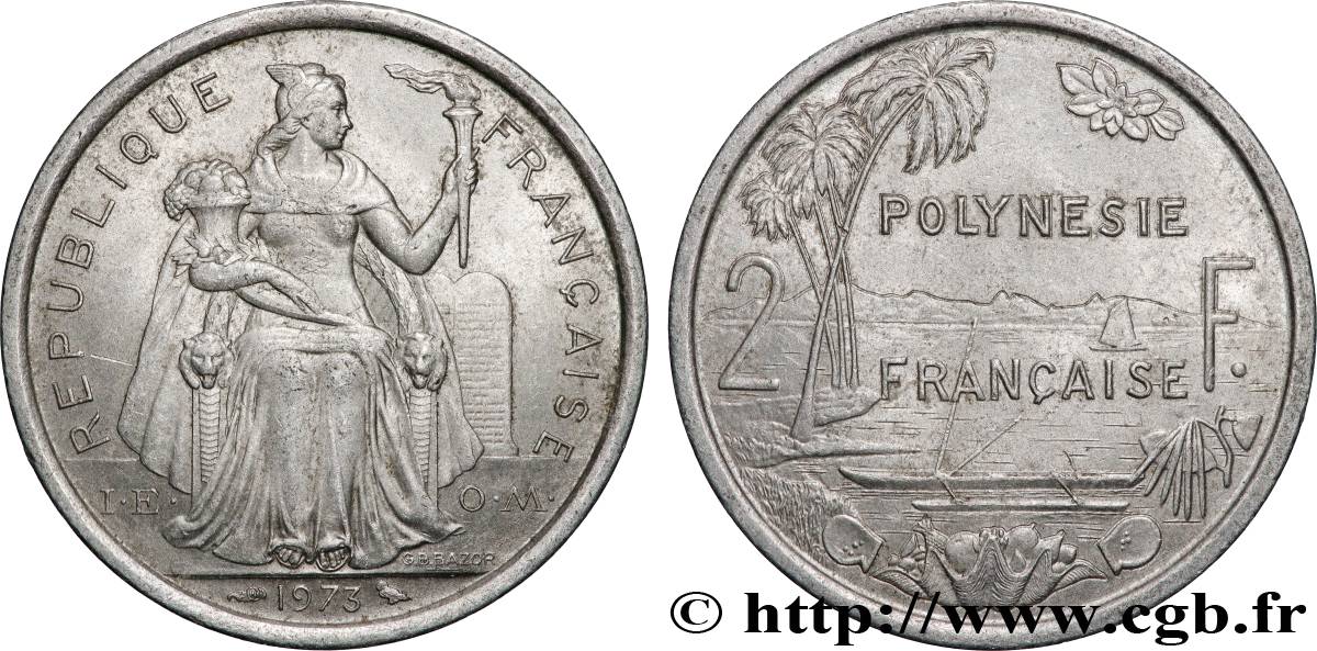 FRENCH POLYNESIA 2 Francs I.E.O.M. Polynésie Française 1973 Paris AU 