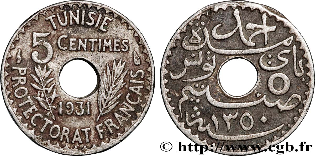 TUNISIA - French protectorate 5 Centimes AH1350 1931 Paris XF 