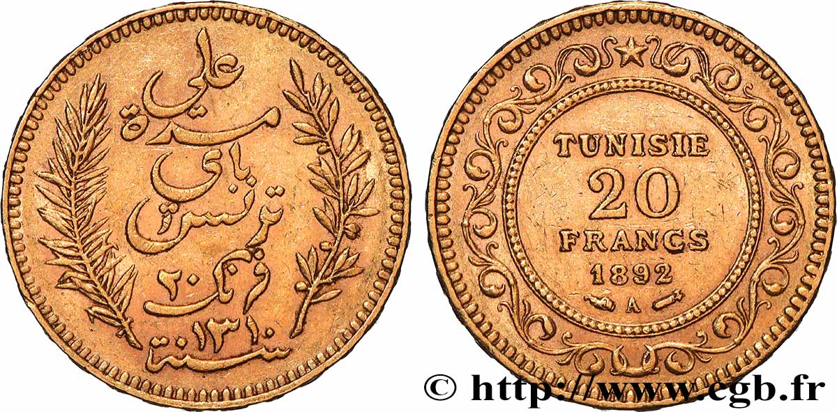 OR, PALLADIUM ET PLATINE INVESTISSEMENT 20 Francs or Bey Ali AH1310 1892 Paris TTB+ 