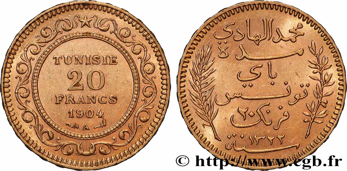 OR, PALLADIUM ET PLATINE INVESTISSEMENT 20 Francs or Bey Mohamed El Hadi AH 1321 1904 Paris TTB+ 