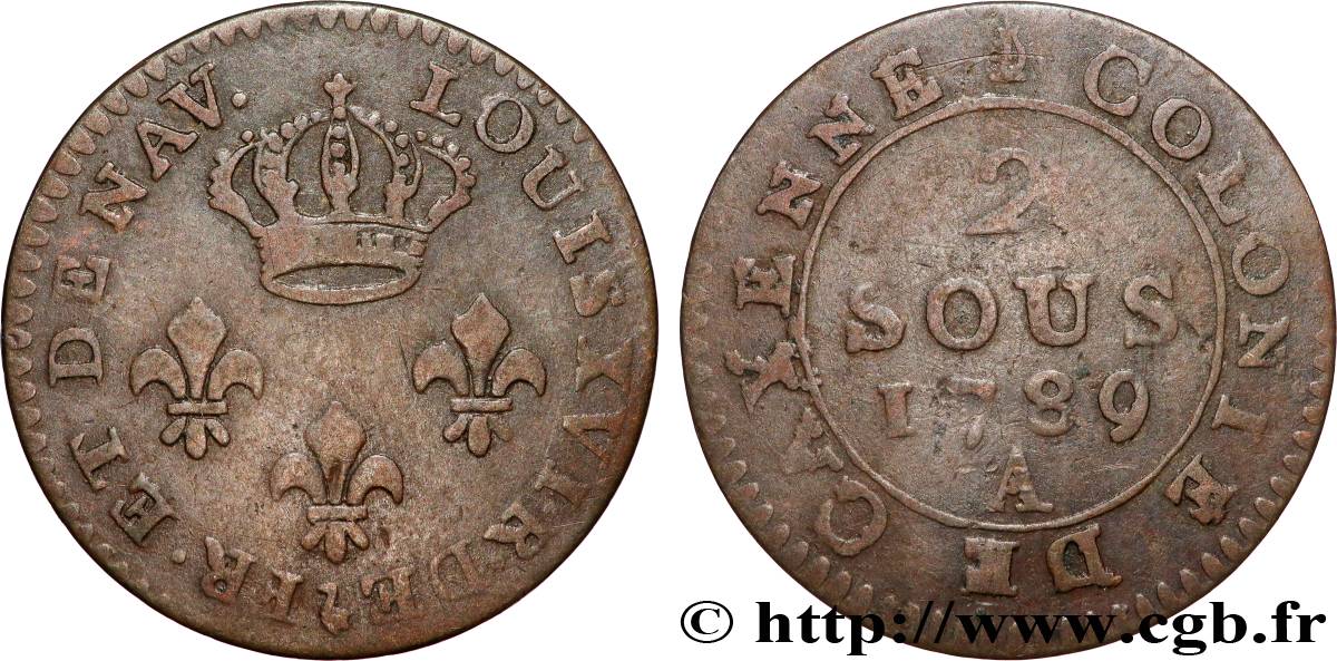 FRANZÖSISCHE-GUAYANA 2 Sous colonie de Cayenne 2e type 1789 Paris - A fSS 