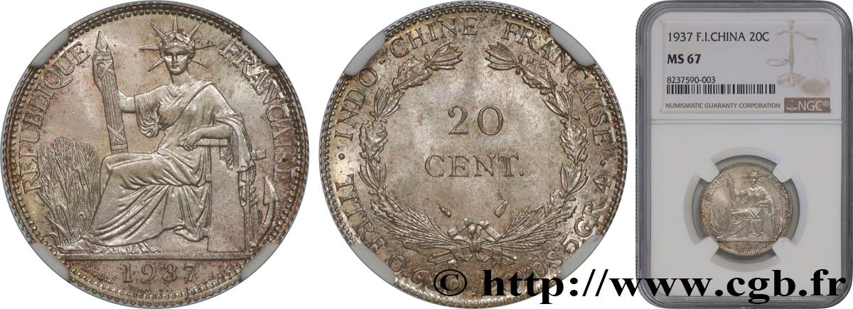 FRENCH INDOCHINA 20 Centièmes 1937 Paris MS67 NGC