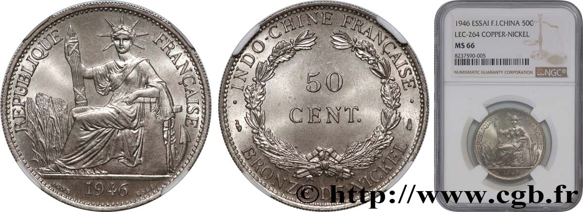 FRENCH INDOCHINA 50 Centièmes essai 1946 Paris MS66 NGC