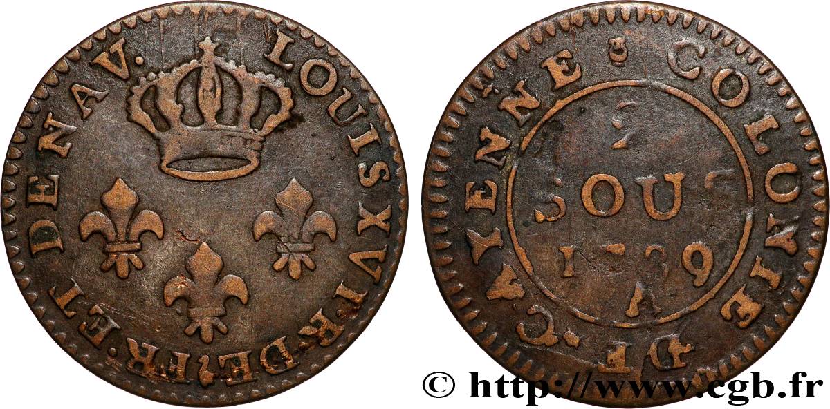 GUYANA FRANCESE 2 Sous colonie de Cayenne 2e type 1789 Paris - A q.BB 
