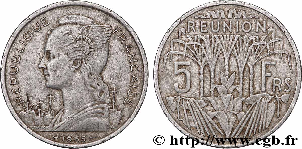 REUNION ISLAND 5 Francs 1955 Paris XF 