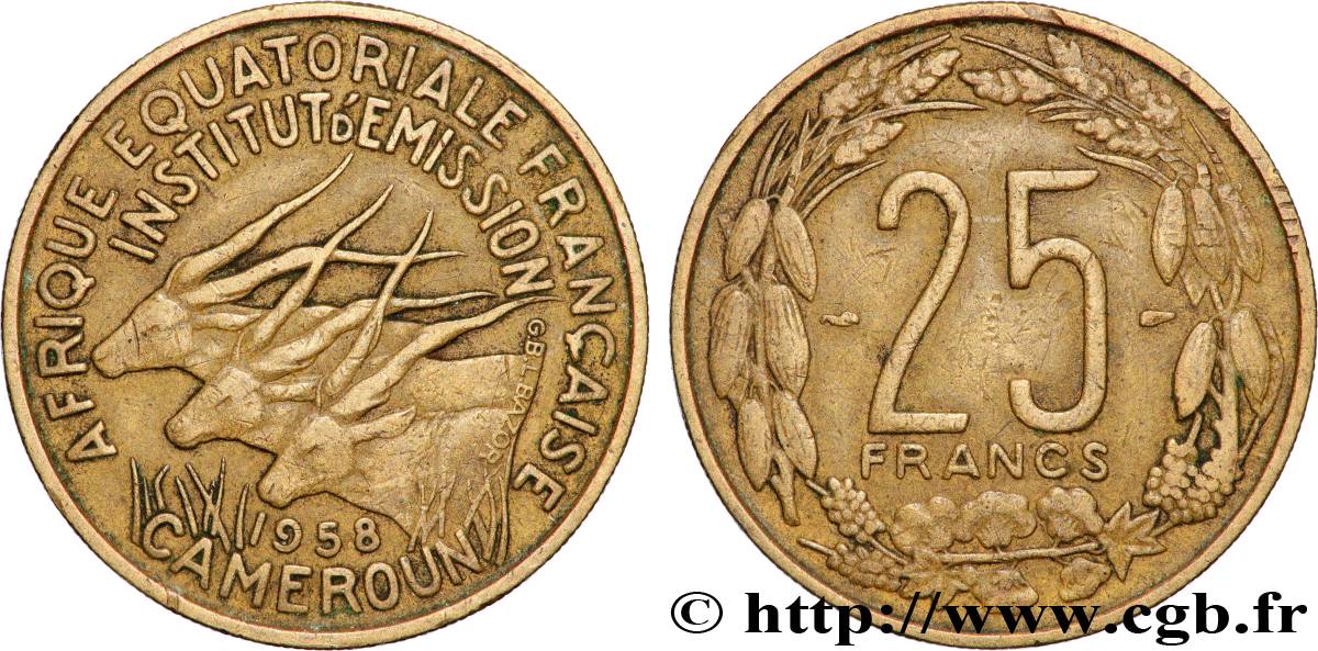 AFRICA EQUATORIALE FRANCESE - CAMERUN 25 Francs antilopes 1958 Paris BB 