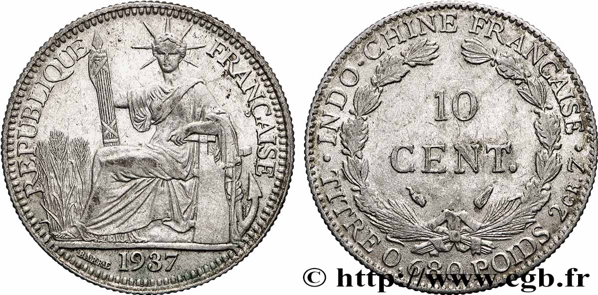 INDOCHINE FRANÇAISE 10 Centièmes 1937 Paris TTB+ 