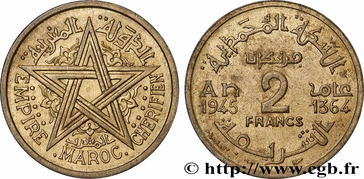 MAROCCO - PROTETTORATO FRANCESE 2 Francs AH 1364 1945 Paris q.SPL 