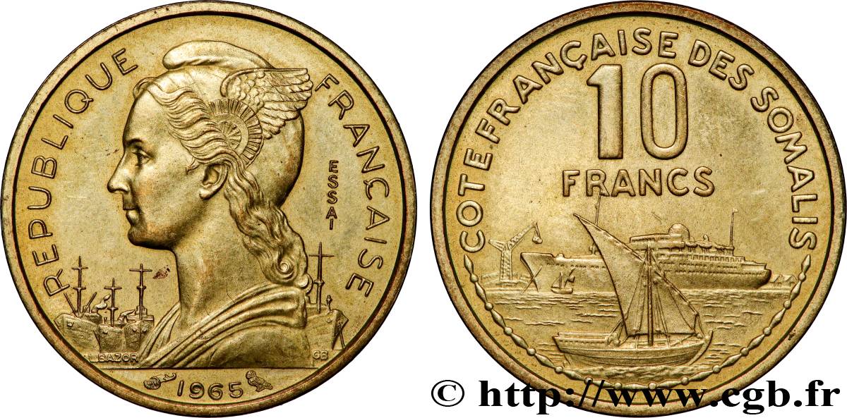 CÔTE FRANÇAISE DES SOMALIS Essai de 10 Francs 1965 Paris SUP 