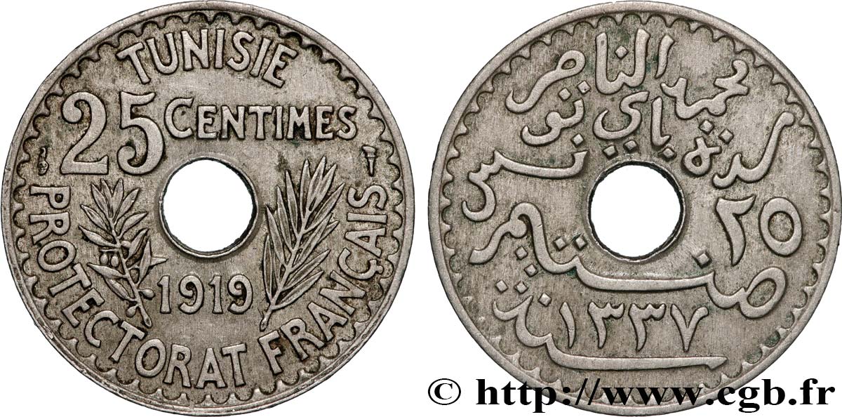 TUNISIA - FRENCH PROTECTORATE 25 Centimes AH 1337 1919 Paris XF 