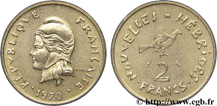 NEW HEBRIDES (VANUATU since 1980) 2 Francs Marianne / oiseau 1970 Paris AU 