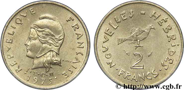 NUEVAS HÉBRIDAS (VANUATU desde 1980) 2 Francs I. E. O. M. Marianne / oiseau 1975 Paris EBC 
