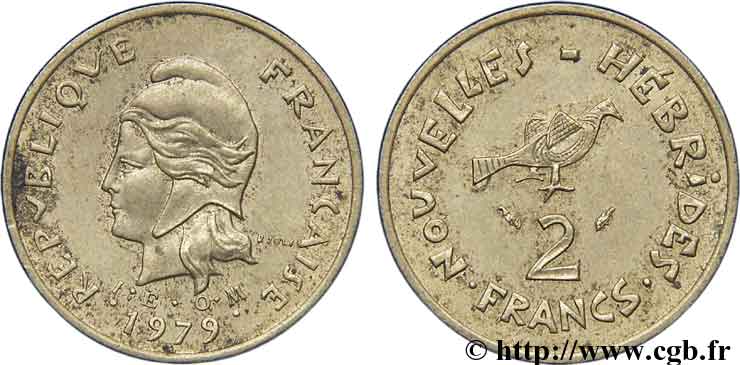 NUOVO EBRIDI (VANUATU dopo1980) 2 Francs I. E. O. M. Marianne / oiseau 1979 Paris BB 