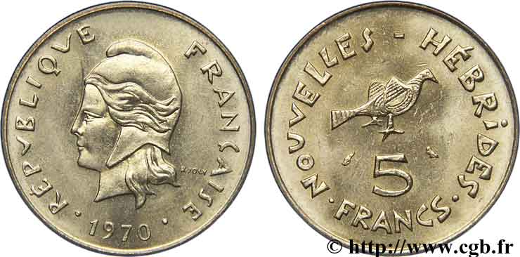 NOUVELLES HÉBRIDES (VANUATU depuis 1980) 5 Francs 1970 Paris SPL 