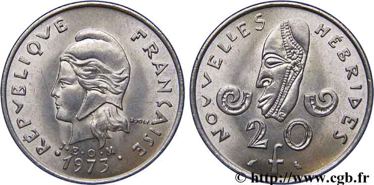 NEW HEBRIDES (VANUATU since 1980) 20 Francs Marianne / masque 1973 Paris AU 