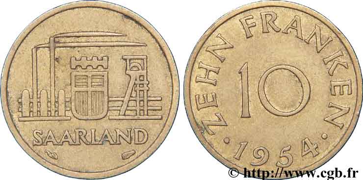SAARLAND 10 Franken 1954 Paris XF 