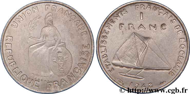 FRENCH POLYNESIA - French Oceania 1 Franc ESSAI type avec listel en relief 1948 Paris AU 