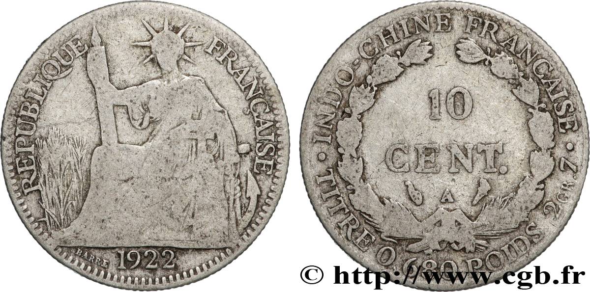 INDOCHINE FRANÇAISE 10 Centièmes 1922 Paris TB 