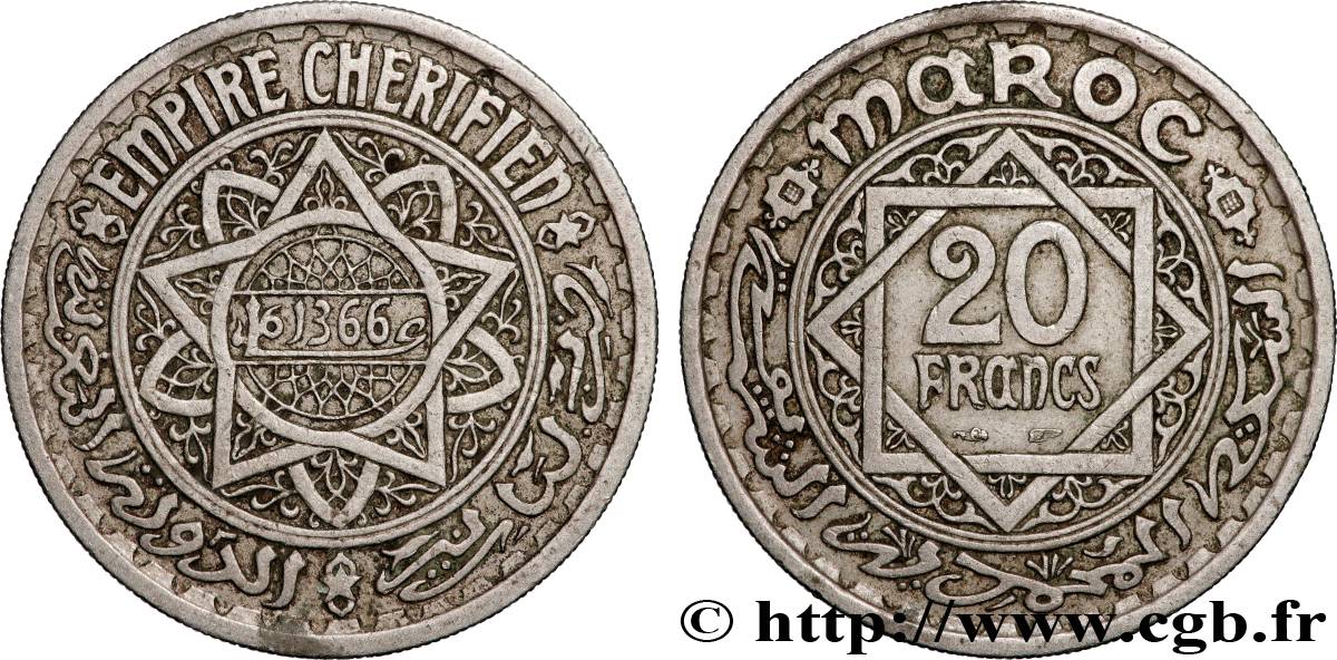 MOROCCO - FRENCH PROTECTORATE 20 Francs AH 1366 1947 Paris XF 