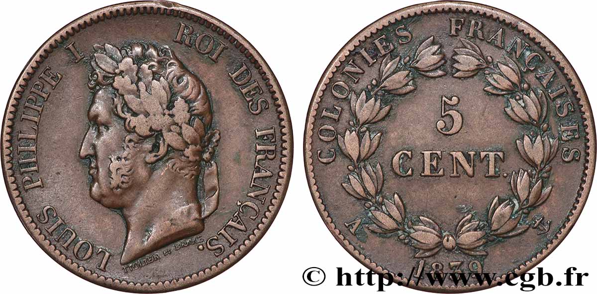 COLONIAS FRANCESAS - Louis-Philippe para Guadalupe 5 Centimes Louis Philippe Ier 1839 Paris - A BC+ 