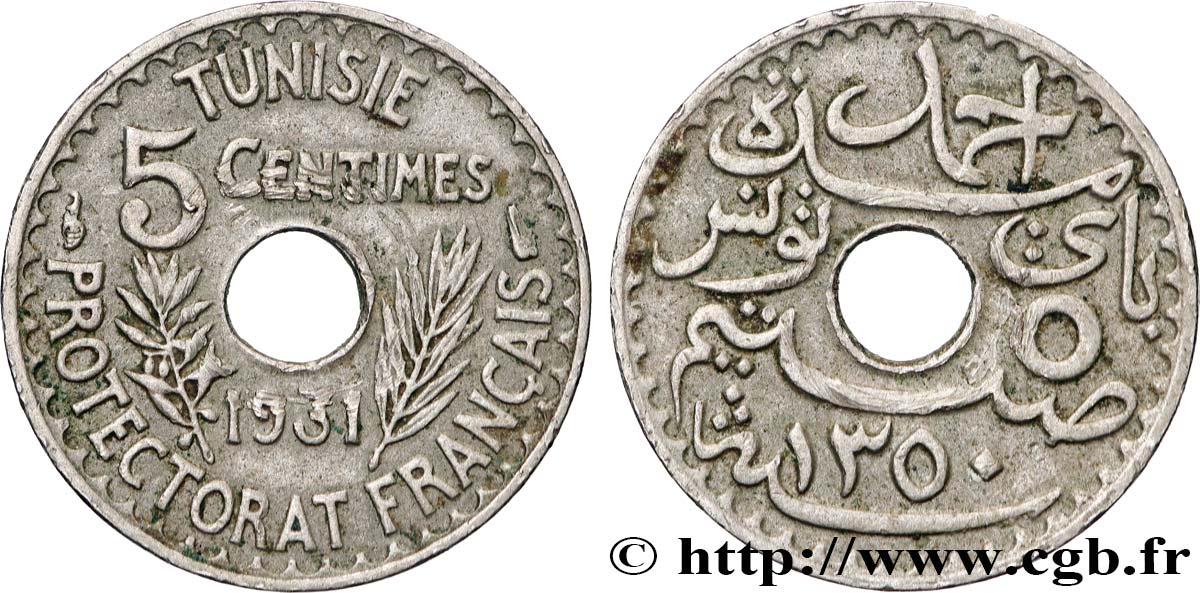 TUNISIE - PROTECTORAT FRANÇAIS 5 Centimes AH1350 1931 Paris TTB 