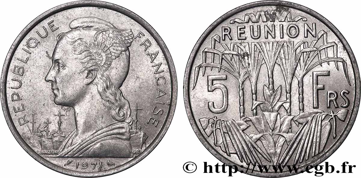 REUNION INSEL 5 Francs Marianne / canne à sucre 1971 Paris fVZ 