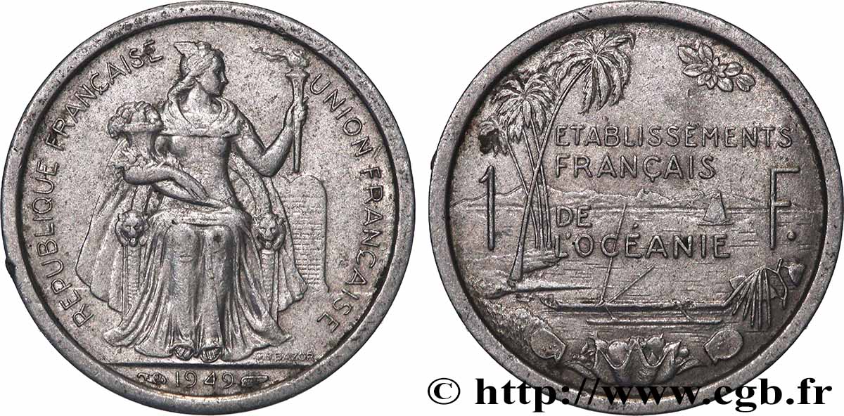 FRENCH POLYNESIA - French Oceania 1 Franc Union Française 1949 Paris XF 