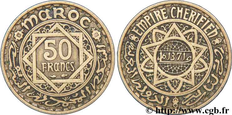 MARUECOS - PROTECTORADO FRANCÉS 50 Francs AH 1371 1952 Paris MBC 