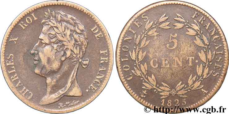 COLONIE FRANCESI - Carlo X, per Guyana e Senegal 5 centimes 1825 Paris q.BB 