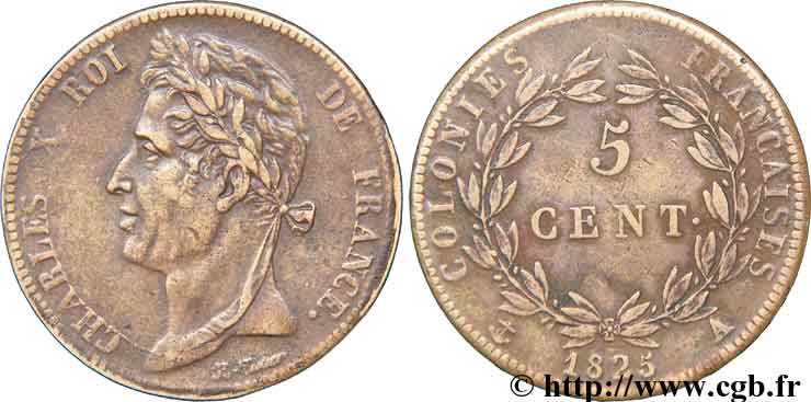 FRENCH COLONIES - Charles X, for Guyana and Senegal 5 centimes 1825 Paris XF 