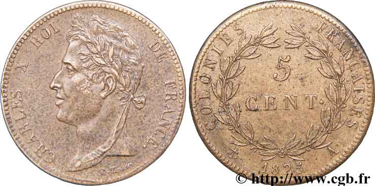 COLONIE FRANCESI - Carlo X, per Guyana e Senegal 5 Centimes 1825 Paris q.SPL 