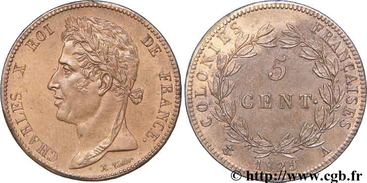 COLONIE FRANCESI - Carlo X, per Guyana e Senegal 5 centimes 1825 Paris SPL+ 