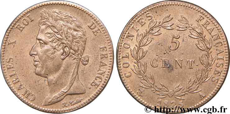 COLONIAS FRANCESAS - Charles X, para Guayana y Senegal 5 centimes 1825 Paris SC 