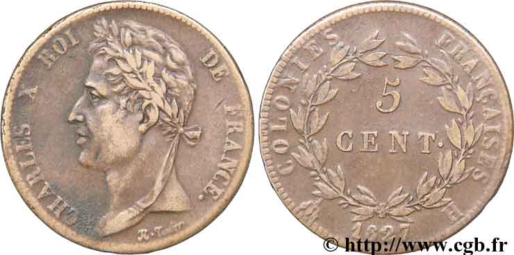 COLONIAS FRANCESAS - Charles X, para Martinica y Guadalupe 5 Centimes 1827 La Rochelle BC+ 