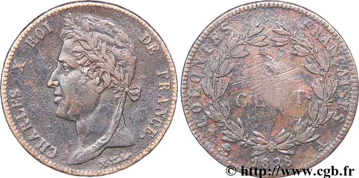 COLONIAS FRANCESAS - Charles X, para Guayana 5 centimes 1828 Paris BC 