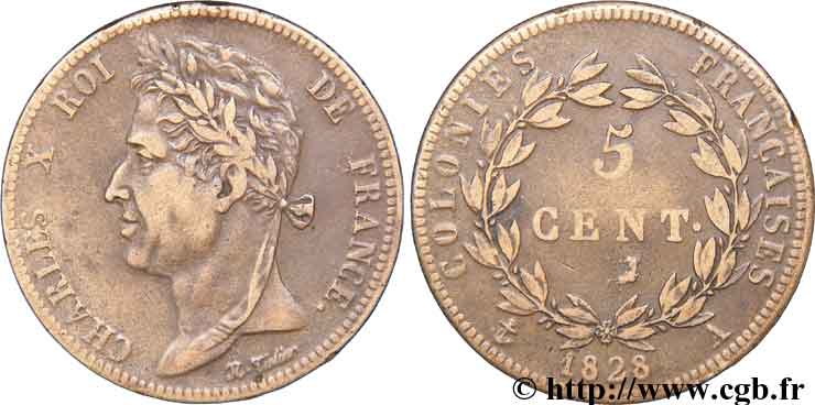 COLONIE FRANCESI - Carlo X, per Guyana 5 centimes 1828 Paris q.BB 