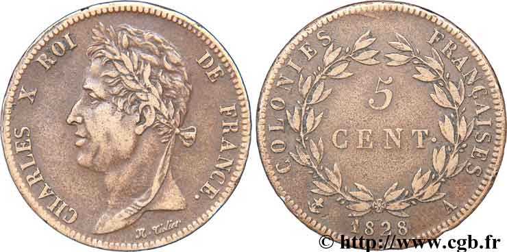 FRENCH COLONIES - Charles X, for Guyana 5 Centimes 1828 Paris XF 
