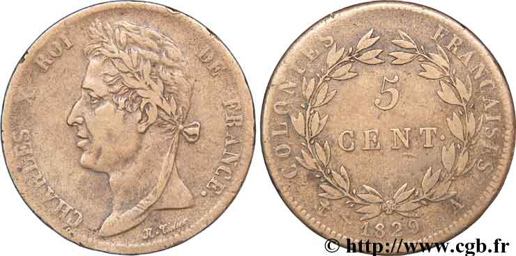 COLONIES FRANÇAISES - Charles X, pour la Guyane 5 centimes 1829 Paris TB 