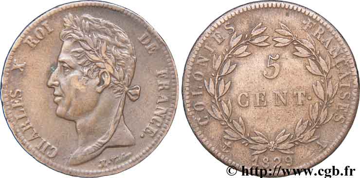 FRENCH COLONIES - Charles X, for Guyana 5 centimes 1829 Paris XF 