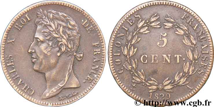 COLONIE FRANCESI - Carlo X, per Guyana 5 Centimes 1829 Paris q.SPL 