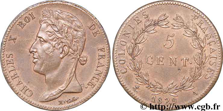 COLONIAS FRANCESAS - Charles X, para Guayana 5 Centimes 1829 Paris EBC 