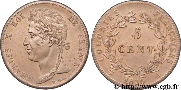 COLONIAS FRANCESAS - Charles X, para Guayana 5 centimes 1830 Paris BC 