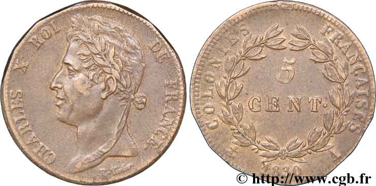 FRENCH COLONIES - Charles X, for Guyana 5 Centimes 1830 Paris AU 
