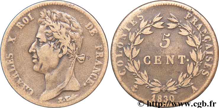 FRENCH COLONIES - Charles X, for Guyana 5 centimes 1830 Paris XF 