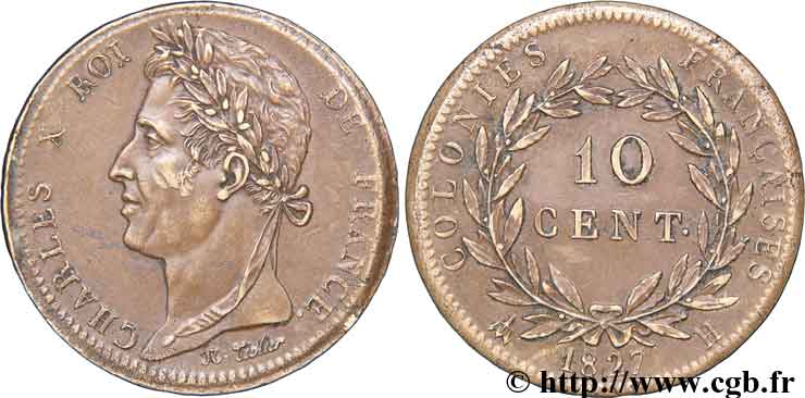 COLONIAS FRANCESAS - Charles X, para Martinica y Guadalupe 10 centimes 1827 La Rochelle MBC 