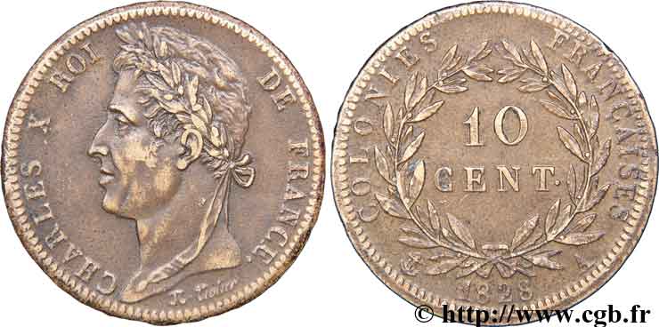 COLONIE FRANCESI - Carlo X, per Martinica e Guadalupa 10 Centimes 1828 Paris q.BB 