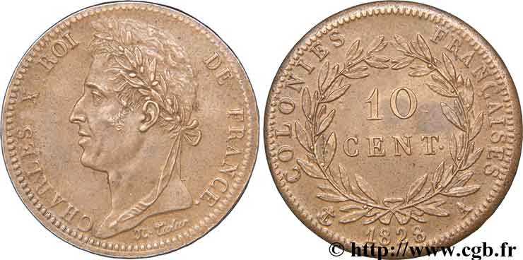 COLONIAS FRANCESAS - Charles X, para Guayana 10 centimes 1828 Paris MBC+ 