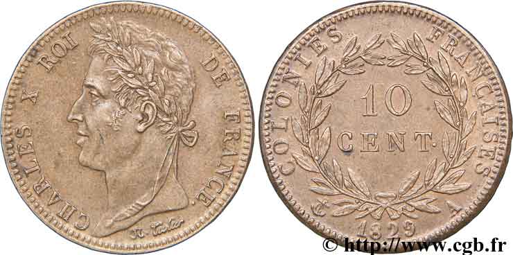COLONIAS FRANCESAS - Charles X, para Guayana 10 Centimes 1829 Paris EBC 